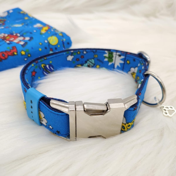 BAXIE, dog collar, blue collar, space dog collar, robot collar, for dog, for pet, dog bow, for puppy, hundehalsband, boy collar