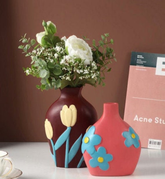 Cute Ceramic Vase Aesthetic Trendy Modern Floral Colorful Etsy