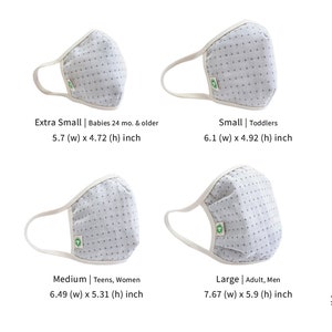 May include: Four different sizes of white cotton face masks with a small blue dot pattern. The masks are labelled with their size and dimensions in inches: Extra Small (5.7 x 4.72 inches), Small (6.1 x 4.92 inches), Medium (6.49 x 5.31 inches), and Large (7.67 x 5.9 inches).