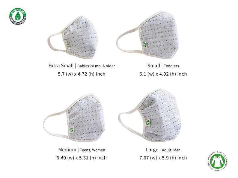 May include: Four different sizes of white cotton face masks with a small blue dot pattern. The masks are labelled with their size and dimensions in inches: Extra Small (5.7 x 4.72 inches), Small (6.1 x 4.92 inches), Medium (6.49 x 5.31 inches), and Large (7.67 x 5.9 inches).