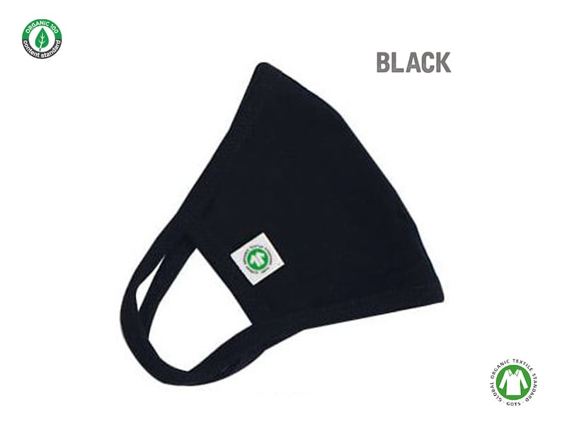 May include: Black face mask with a green leaf logo. The logo says "Organic 100 Global Textile Standard GOTS".