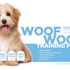 May include: A light blue and white package of "Woof Woof" training pads for dogs. The package features a cartoon dog and the text "Odor Lock Absorbent Training Pads". The pads are 23.5 inches by 23.5 inches (60cm x 60cm).