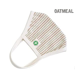 May include: A white and brown striped face mask with a green organic cotton logo. The mask is made of soft, breathable fabric and has adjustable ear loops. The text "OATMEAL" is printed in black above the mask.