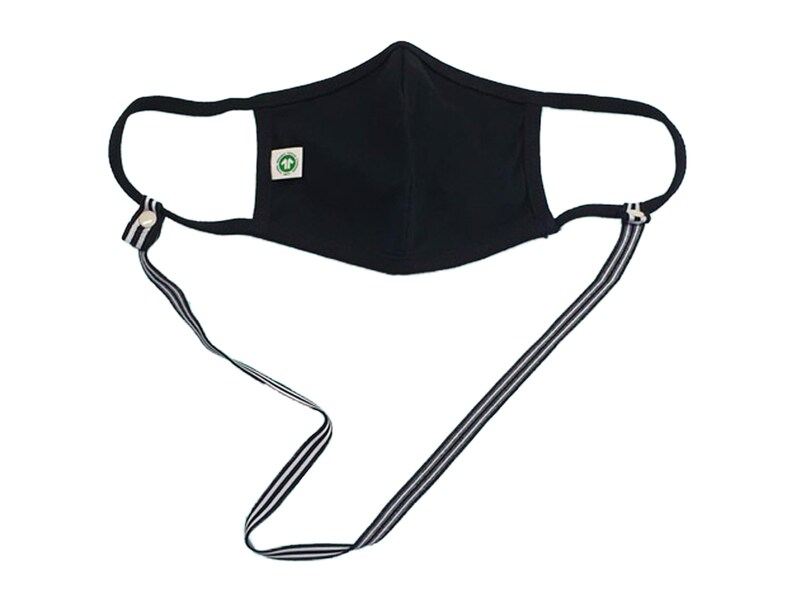 May include: Black face mask with a white and black striped lanyard. The mask has a small green logo on the front.