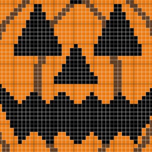 May include: A pixelated image of a jack-o'-lantern with a black face and orange background.