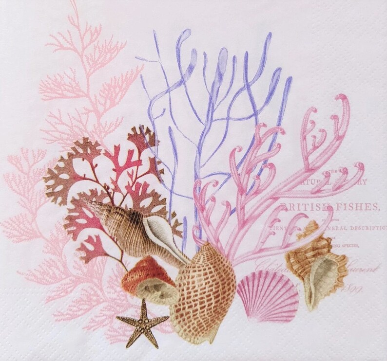 3 Decoupage Paper Napkins Watercolor Corals Pink Beach Theme