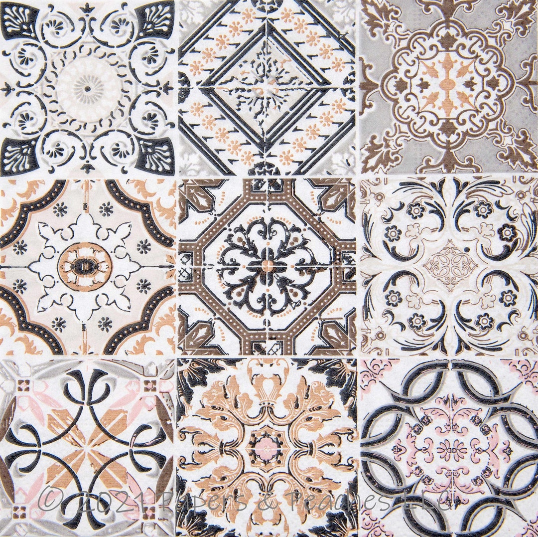 3 Decoupage Paper Napkins Portuguese Tiles Brown Crafting Tissue Etsy