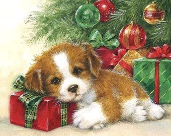 3 Decoupage Paper Napkins | Christmas Puppy | Crafting Tissue |