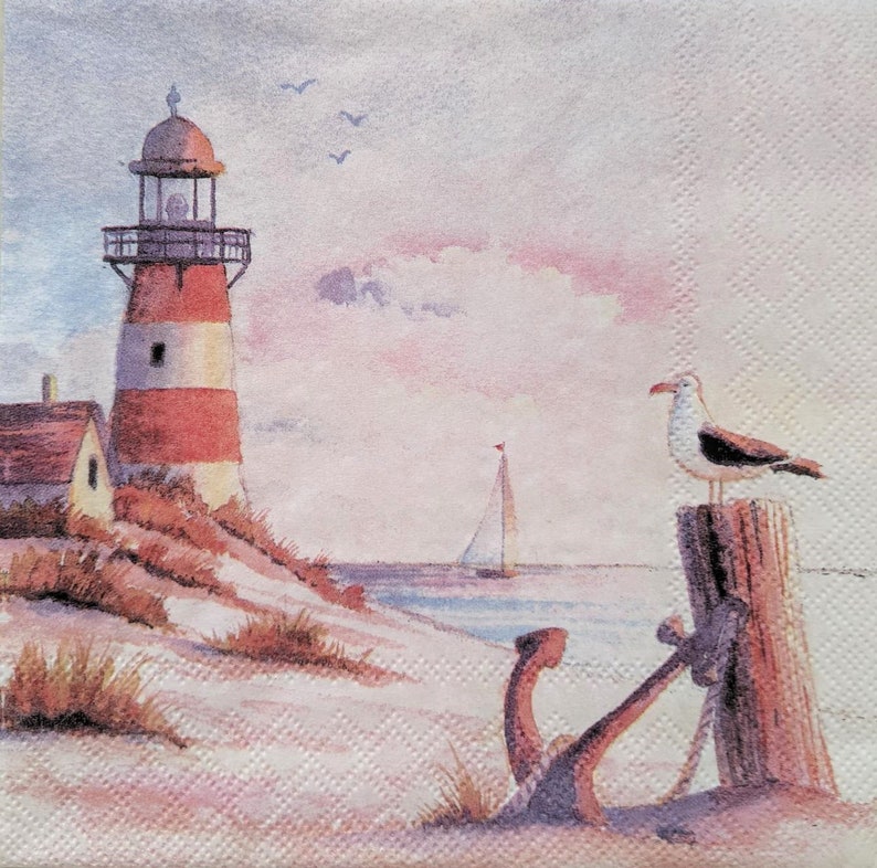 3 Decoupage Paper Napkins Lighthouse at Sunset Seashore Etsy