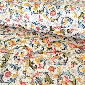 May include: A fabric featuring a repeating pattern of intricate scrolling acanthus leaves and floral motifs in vibrant shades of red, yellow, blue, and green against a cream-colored background with fine, delicate golden-brown stippled details.