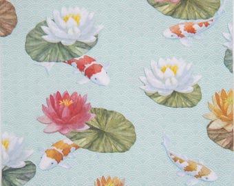 May include: A patterned fabric featuring a light blue background with a repeating wave design. The print displays white, pink, and orange water lilies on green lily pads, interspersed with swimming koi fish in white, orange, and red colors.