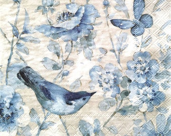 3 Decoupage Paper Napkins | Blue Bird and Florals | Crafting Tissue |