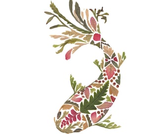 May include: A decorative fish silhouette composed of various pressed dried leaves and flower petals in shades of green, brown, pink, and red. The organic botanical elements are arranged to form the shape of a swimming fish with fins and a tail.