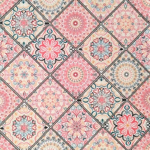 May include: A decorative pattern featuring a repeating design of square tiles. Each tile showcases a unique, intricate mandala-style design in shades of pink, coral, teal, and cream, outlined in black.