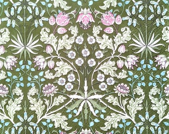 May include: A green floral pattern with pink, white, and blue flowers. The pattern is symmetrical and features a repeating design of leaves and flowers.