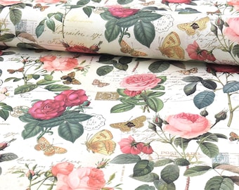 May include: A fabric roll featuring a cream background with a repeating pattern of pink and red roses, green leaves, yellow butterflies, and vintage-style cursive script text with postal stamps and postmarks scattered throughout the design.