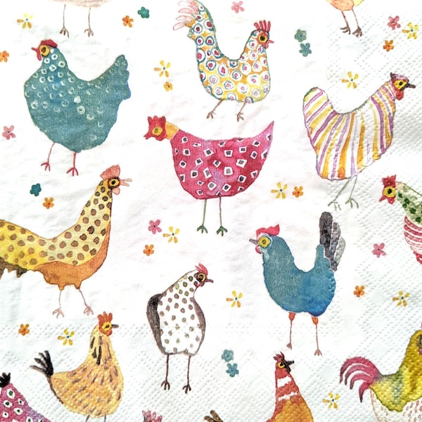 3 Decoupage Paper Napkins | Whimsical Chickens | Crafting Tissue |