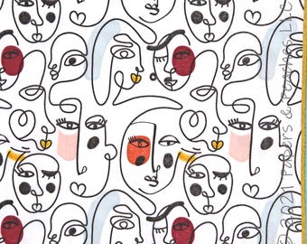 May include: A white fabric or paper surface featuring a repeating pattern of black line-art faces. The design includes abstract facial features with accents of red, yellow, and light blue. The text 2021 Papers & Peaches LLC is printed vertically.