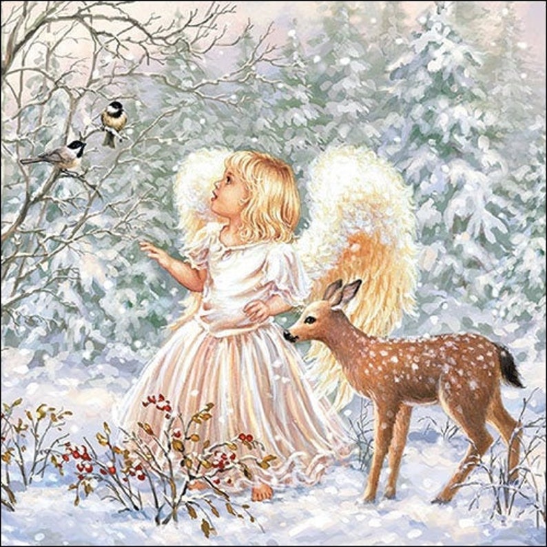 May include: A young angel with golden wings and a white dress stands in a snowy forest with a fawn. The angel is looking up at a bird in a tree. The scene is painted in a whimsical style with soft colors and delicate details.