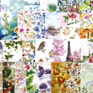 May include: A collection of decorative paper napkins with various designs. The napkins feature floral, butterfly, dragonfly, and bird illustrations. Some napkins have images of the Eiffel Tower and koi fish. The color palette includes blues, pinks, greens, and yellows.