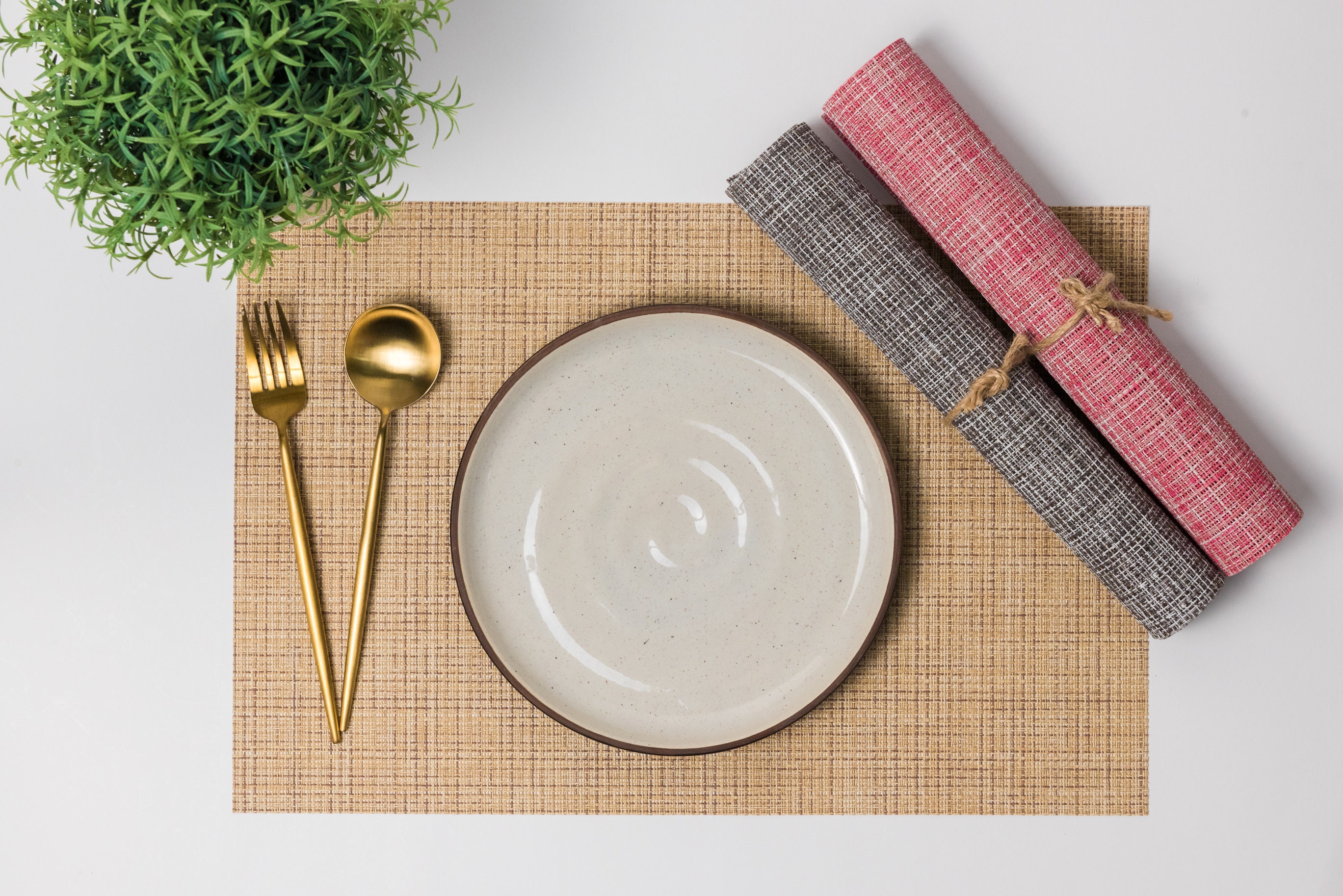 Woven Vinyl Placemat Table Mat, Red/Grey/Beige, Set of 4/6/8