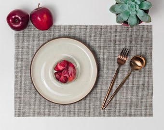 Op de afbeelding: Een wit keramiek bord met een kleine glazen kom met bevroren aardbeien. Het bord ligt op een bruine placemat met een vork en lepel ernaast. Er zijn twee rode appels en een potplant met een succulent op de achtergrond.