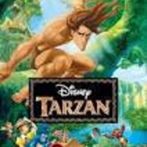 Puede incluir: Un p&oacute;ster de pel&iacute;cula para la pel&iacute;cula animada Disney's Tarzan, con un Tarzan musculoso balance&aacute;ndose por la jungla con un fondo verde. El t&iacute;tulo "Disney Tarzan" se muestra en un cuadro negro.