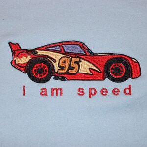 Lightning McQueen Embroidered Shirt | Disney Cars Sweatshirt or Hoodie | “I Am Speed” Racing Fan Gift | Kachow Apparel Light Blue