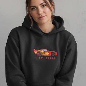 Lightning McQueen Embroidered Shirt | Disney Cars Sweatshirt or Hoodie | “I Am Speed” Racing Fan Gift | Kachow Apparel image 4