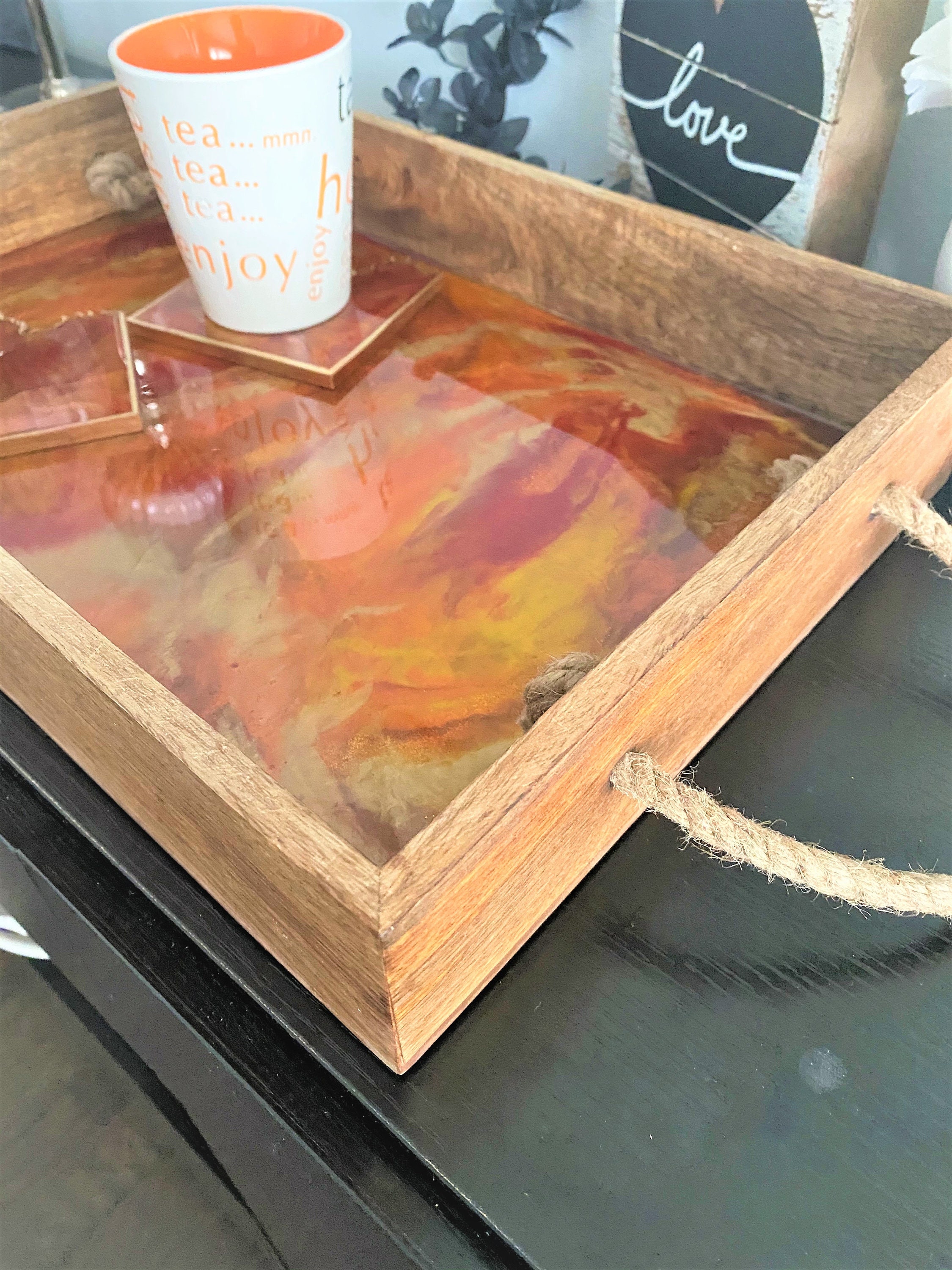 Wooden Epoxy Resin Serving Tray With Rope Handles Coffee Etsy UK