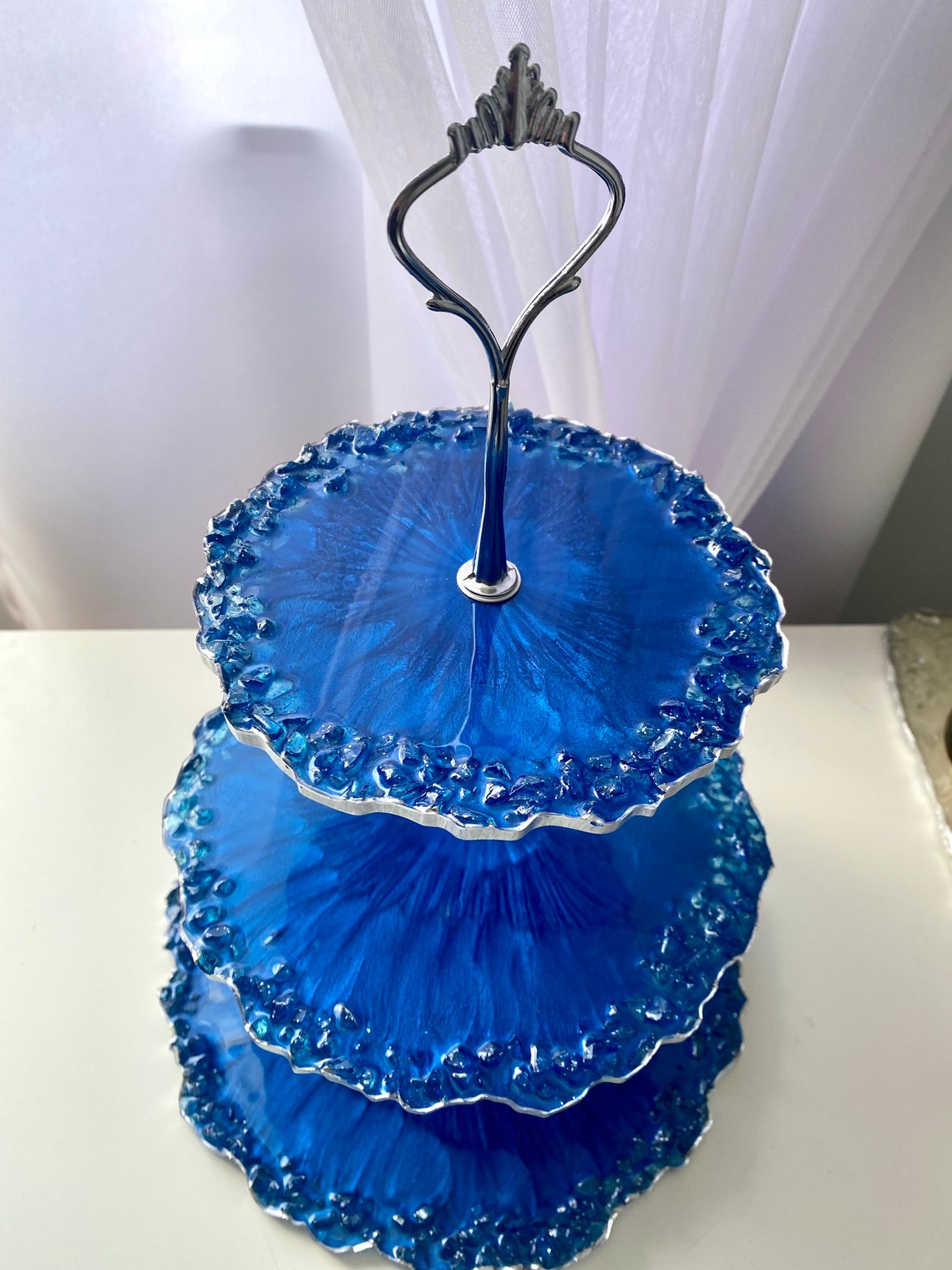 Blue Three Tier Cake Stand Cupcake 3 Tier Tray Stand Resin Etsy