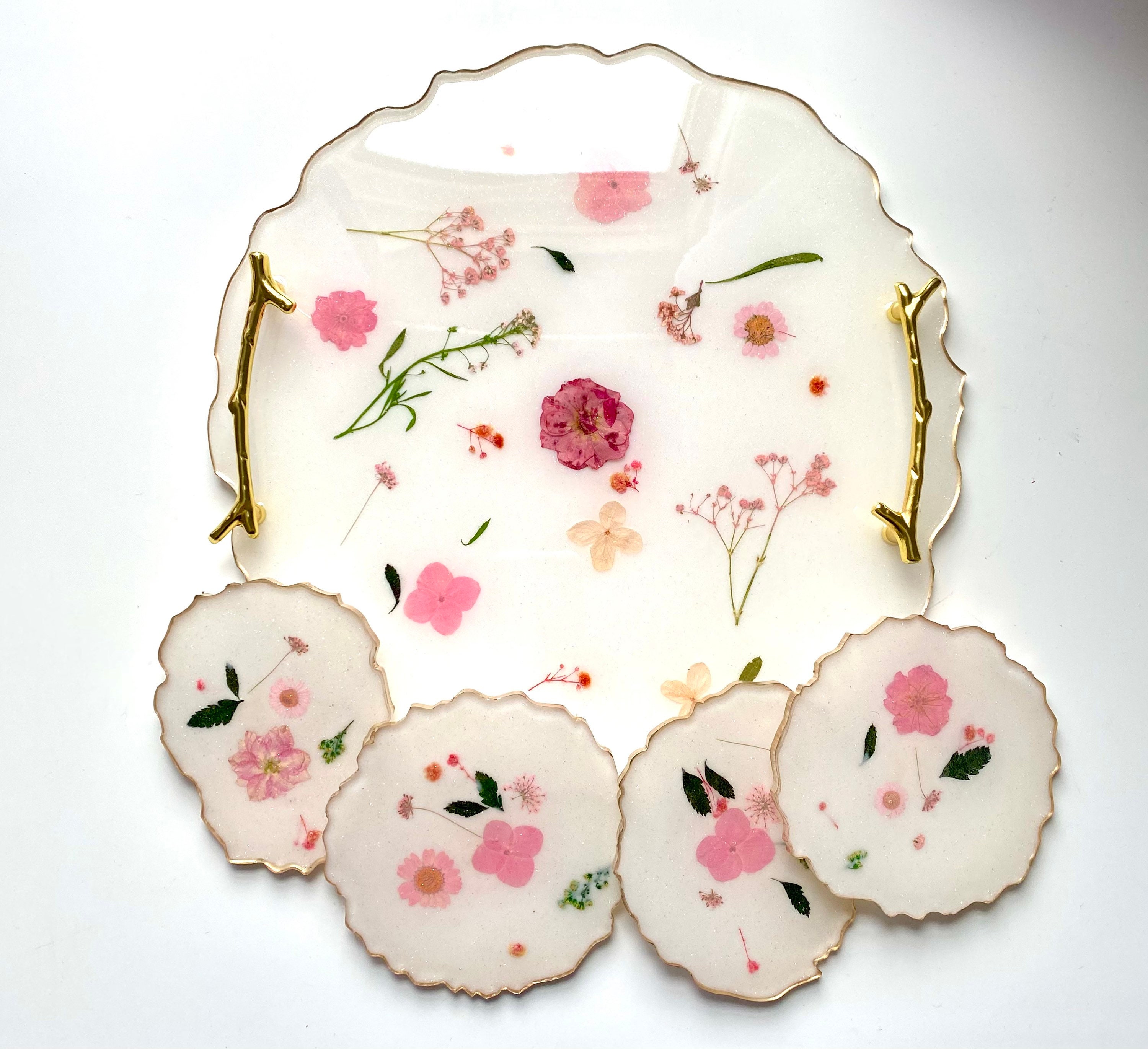 Resin White Tray With Pink Dried Flower and Matching Coasters Etsy