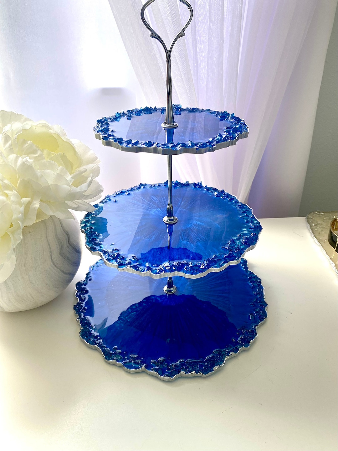 Blue Three Tier Cake Stand, Cupcake 3 Tier Tray Stand, Resin Cake Riser