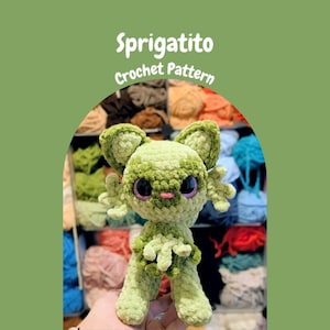 May include: A handmade green crochet Sprigatito plush toy with large, round eyes and small arms and legs. The plush has a textured appearance and is labeled "Sprigatito Crochet Pattern" in white text on a green background. The background shows colorful yarn.
