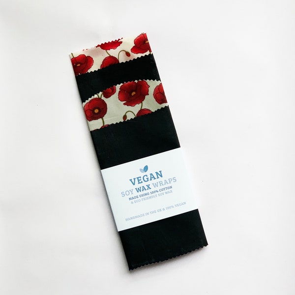 POPPY - Red Poppy and Navy Soy Wax Wrap's Pack of 4 / Contains 4 Sizes / Cling Film and Foil Replacement (UK Made & 100% Vegan)