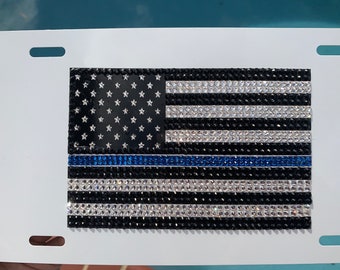 Blue Lives Matter Flag 100% Swarovski Rhinestones!  12X6 Inch