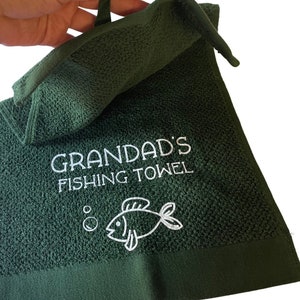 Embroidered Personalised Fishing Towel Green Perfect for the Fishing Trips,  Great Gift for the Fisherman / Woman, 2 Designs Available -  UK