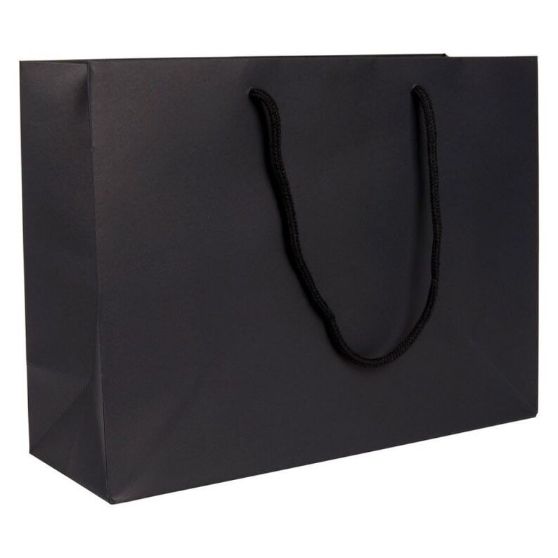 May include: A black paper shopping bag with black rope handles.