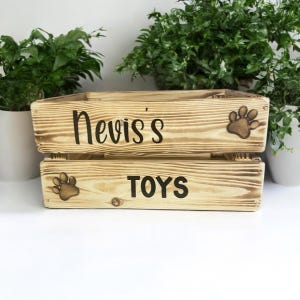 May include: A wooden toy storage box with the name "Nevis's Toys" and paw prints burned into the wood.