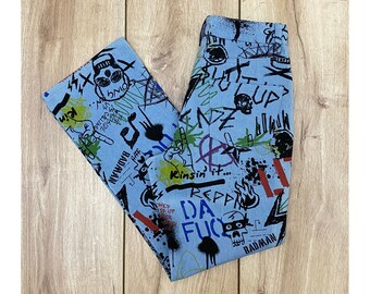 Blue Streetwear Jeans, Graffiti Print Jeans, Urban Style Blue Streetwear Jeans, Graffiti Print Jeans, Urban Style