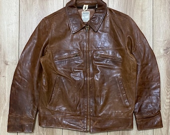 Brown Timberland Leather Jacket, Genuine Leather Coat, Size M for Men, Vintage Military Bomber Jacket, Y2K Style.