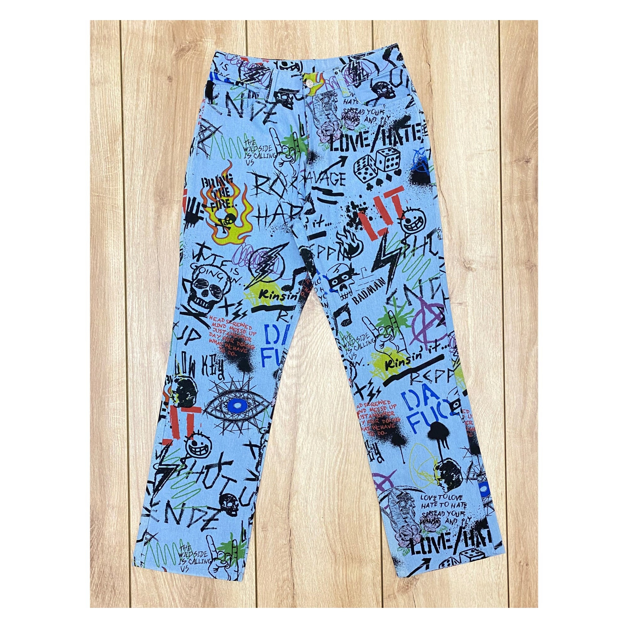 Blue Streetwear Jeans, Graffiti Print Jeans, Urban Style Blue Streetwear Jeans, Graffiti Print Jeans, Urban Style