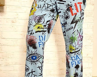 Blue Streetwear Jeans, Graffiti Print Jeans, Urban Style