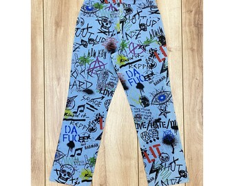 Blue Streetwear Jeans, Graffiti Print Jeans, Urban Style Blue Streetwear Jeans, Graffiti Print Jeans, Urban Style