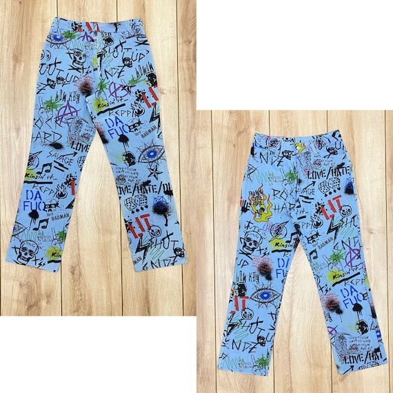 Blue Streetwear Jeans, Graffiti Print Jeans, Urban Style Blue Streetwear Jeans, Graffiti Print Jeans, Urban Style