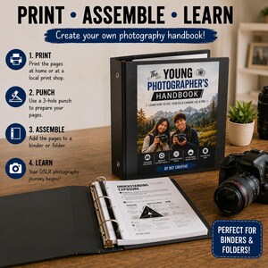 May include: A black three-ring binder containing a photography guide titled The Young Photographer's Handbook. The cover features two people holding cameras in a mountain landscape. An open binder displays a page titled Understanding Exposure.