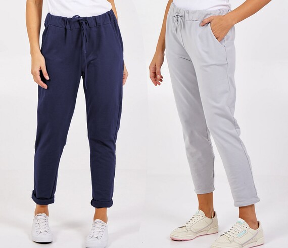 Womens Trousers Turn Up Lightweight Comfortable Plus Size Pants Joggers Summer Cotton Italian UK S/M M/L XL/XXL