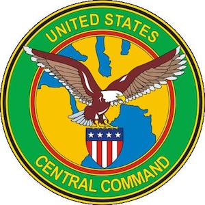 May include: Circular emblem featuring a bald eagle with outstretched wings, perched atop a shield with red and white stripes and stars. The words "UNITED STATES" and "CENTRAL COMMAND" are in a green border.