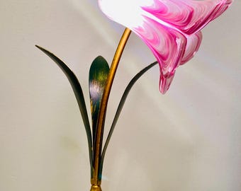 Handmade Purple Lily Glass Lampshade Table Lamp, Artisan Decor