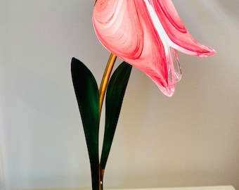 Florensa Artisan Table / Desk Lamp with Handmade Colored Glass of Purple Tulip Flower Lampshade